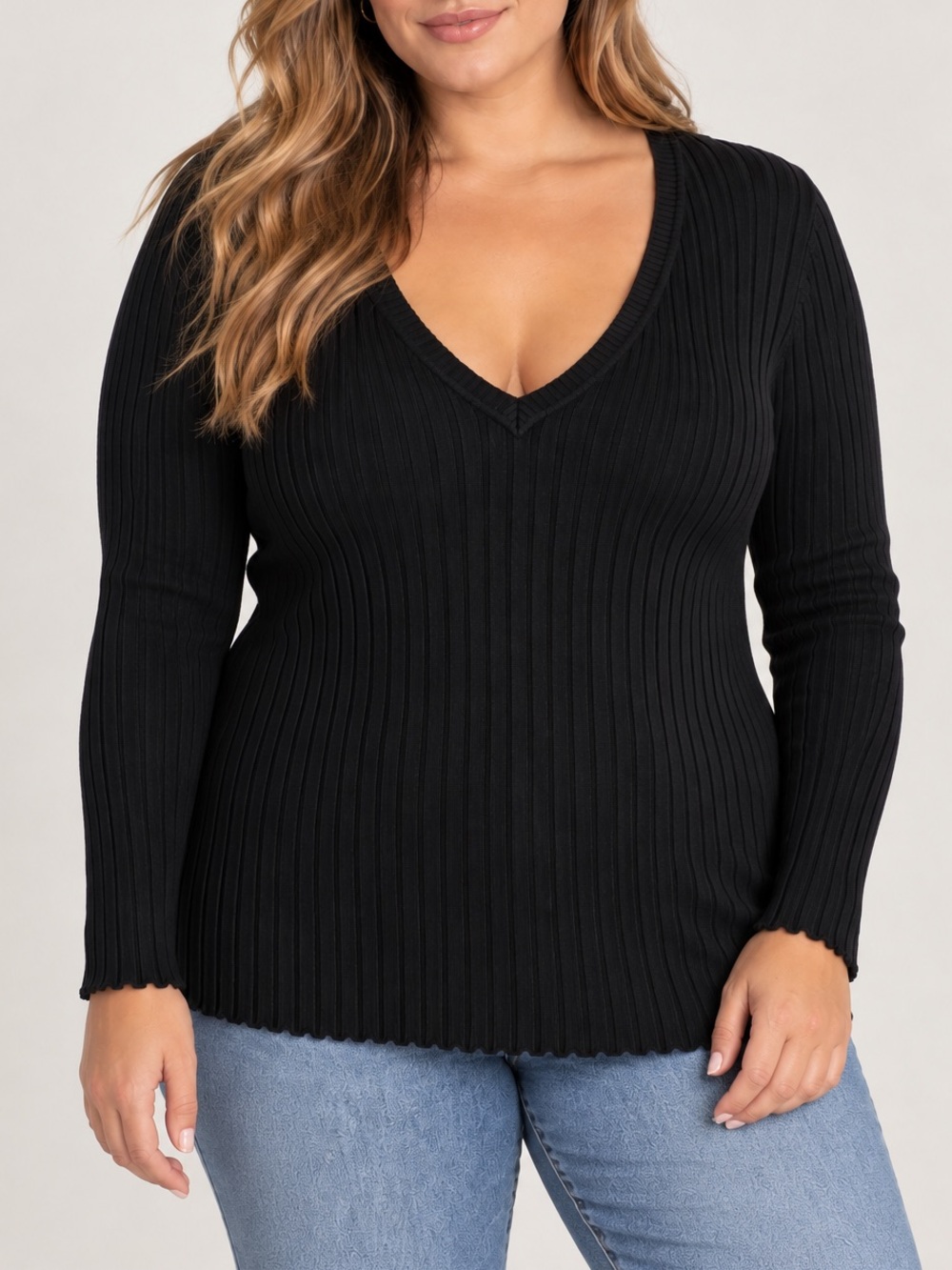 Ashley Stewart Stretchy Deep V-Neck Black Ribbed Sweater Preppy Casual 22/24